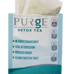 Purge Detox Tea package with two tea bags sticking out of the top of open bag.