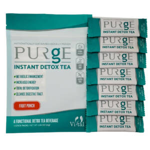 Purge Detox Tea package with 7 individual instant tea sticks.